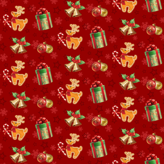 Reindeer With Green Presents, And Red Gold Ornaments Mug